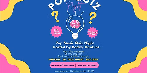 Pop Music Quiz Hosted by Roddy Hankins - \u00a3200 PRIZE!