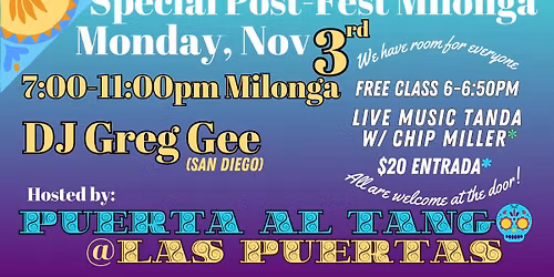 Albuquerque Tango Festival: Post-Milonga at Las Puertas 7:00-11pm (free class 6:00-6:50)