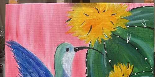 Hummingbirds and cactus blossoms + glass of wine or beer