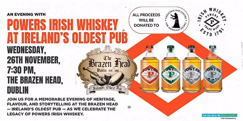 Powers Irish Whiskey Tasting at The Brazen Head (Fundraising Event)