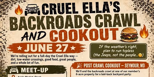 \ud83d\udd25\ud83d\ude99 Cruel Ella\u2019s Backroads Crawl and Cookout \ud83c\udf54\ud83d\udd25| June 27 