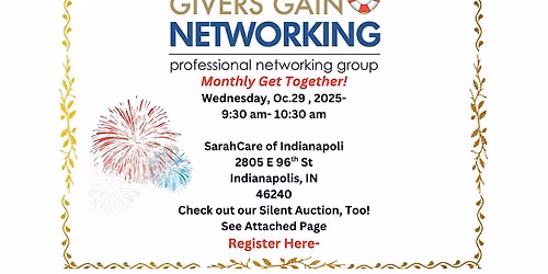 Givers Gain Networking Monthly Get Together- Wed, Oct 29, 9:30-10:30 am!