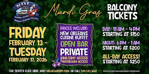 Mardi Gras 2026 Balcony Tickets @ NOLA COOKERY