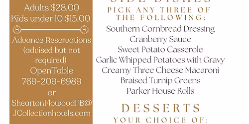 Thanksgiving Day Menu at Rebecca's in the Sheraton Flowood