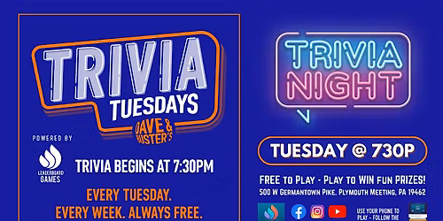 Trivia Night | Dave & Buster's - Plymouth Meeting PA - TUE 730p