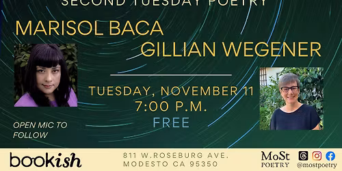 Second Tuesday Reading featuring Marisol Baca & Gillian Wegener at Bookish Modesto
