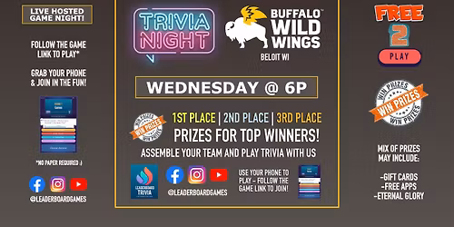 Trivia Night | Buffalo Wild Wings - Beloit WI - WED 6p @LeaderBoardGames
