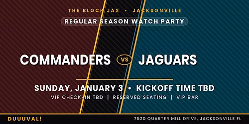 Jags Watch Party: COMMANDERS vs JAGS TIME TBD