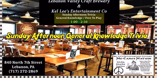 Kel Lee's Entertainment Sunday Afternoon Trivia at Lebanon Valley Craft Brewery