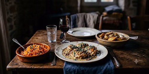 Cork 'N' Fork - Poulet \u00e0 l'Estragon Garlic herb potatoes Carottes R\u00e2p\u00e9es