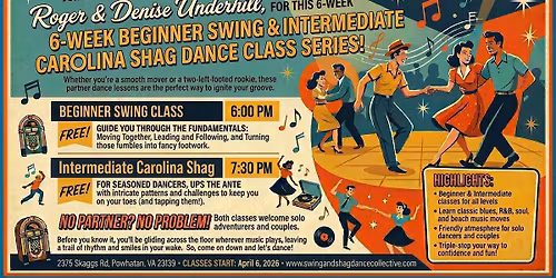 6-Week Beginner Swing & Intermediate Carolina Shag Dance Class Series