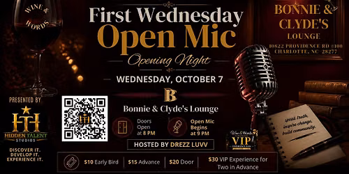 WINE and WORDS 1ST WEDNESDAY | Bonnie & Clyde\u2019s Lounge Opening Night