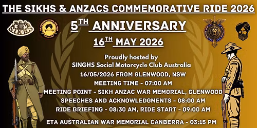 5th Anniversary - SIKHS & ANZAC Commemorative Ride 2026