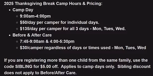 Camp Windermere:  Thanksgiving Break Camp