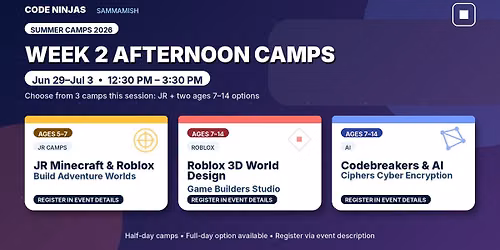 Jun 29\u2013Jul 3 PM Camps: Roblox + AI + Jrs