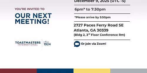 Toastmasters Meeting, In Person (or Zoom)