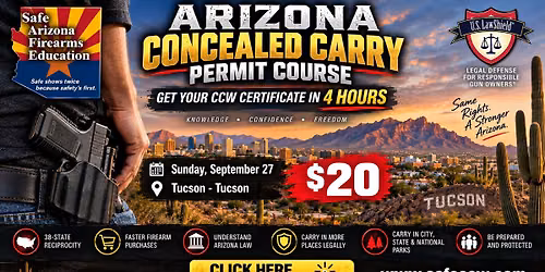 $20 Multi-state recognized Concealed Carry Permit Coming to tucson! (Special weekend pricing)
