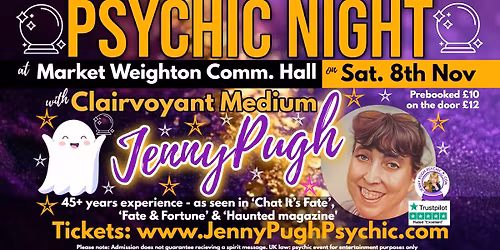 \ud83d\udd2e\u2b50\ud83d\udc7bPSYCHIC NIGHT\ud83d\udc7b\u2b50\ud83d\udd2eSat. 8th Nov at Market Weighton Village H. with Clairvoyant Medium Jenny Pugh