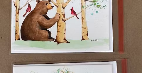 Watercolor Card class, Bear and Cardinal