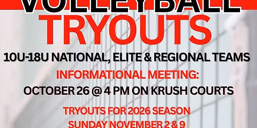 KRUSH VBC Tryouts (2 dates) for 2026 Season