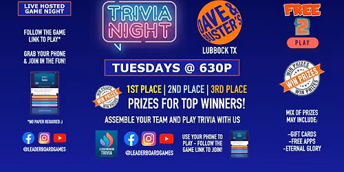 Trivia Night | Dave & Buster's - Lubbock TX - TUE 630p - @LeaderboardGames