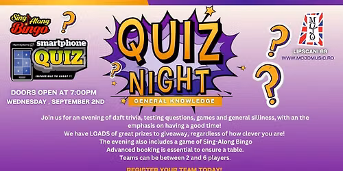 General Knowledge Speed Quiz with Sing Along Bingo - 2nd September 2026