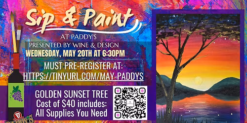 Sip & Paint at Paddy's with Wine & Design ~ 'Golden Sunset Tree'