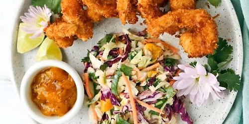 Cork 'N' Fork - Coconut shrimp Sweet and sour sauce  Jasmine rice & Asian slaw 