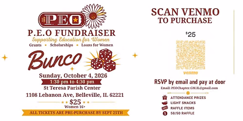BUNCO Oct. 4th 2026 from 1:30pm to 4:30pm- P.E.O. Chapter GM fundraiser