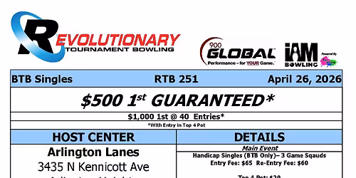 RTB 251 - 1 Day BTB Singles - $1,000 1st