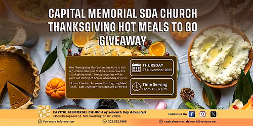 Capital Memorial SDA Church Free Thanksgiving Hot Meals To Go Giveaway!