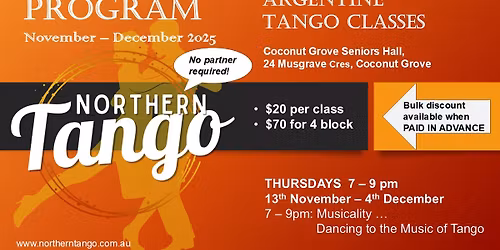 Northern Tango Classes 13th November - 4th December 2025
