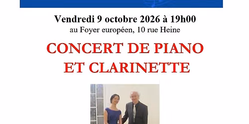 Concert de piano et clarinette du vendredi 9 octobre \u00e0 19h00 (notez bien l'heure)