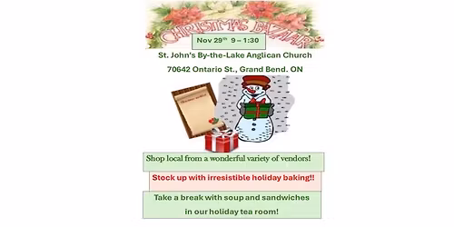 Bazaar, Bake Sale and Lunch at St. John\u2019s By-the-Lake Anglican, Grand Bend Nov 29th 9-1:30