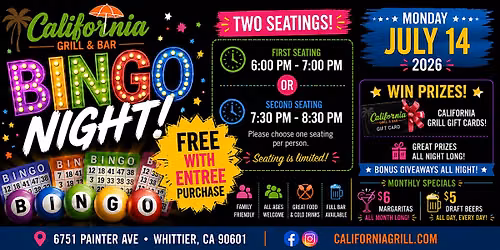 Bingo Night at California Grill | Two Seating Times & Great Prizes!