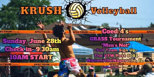 KRUSH Volleyball - Coed 4's GRASS Tournament - Sun, June 28th
