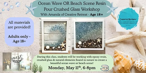 Ocean Wave-or-Beach Scene Resin Pour Crushed Glass Workshop w\/Amanda Age18+