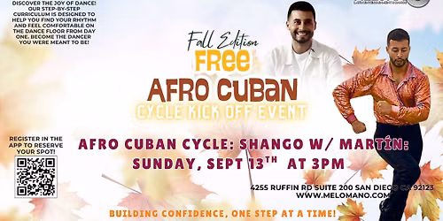 FREE Mel\u00f3mano Afro Cuban Cycle Kick Off! 9\/13