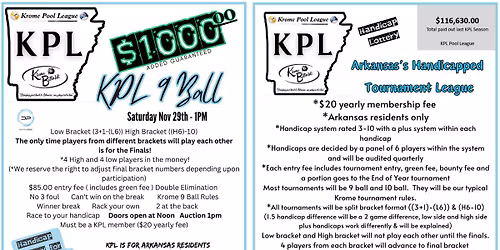 $1000 added KPL!  New bracket format