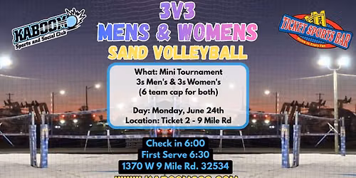 WED. 3s Men's & 3s Women's Sand Volleyball Mini Tourney \/ Ticket Sports Bar #2 (6\/24\/26)
