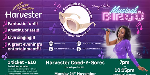 Midweek Musical Bingo at Harvester Coed-Y-Gores (Cardiff) - Monday 24th November 7pm