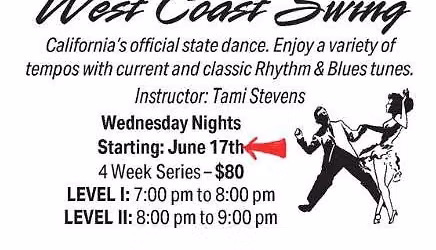 FOUR-WEEK SERIES (Levels I and II) of WEST COAST SWING Starts WEDNESDAY NIGHT, JUNE 17th at PBDA! 