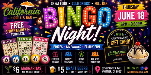 Bingo Night at California Grill & Bar \u2013 Free with Entr\u00e9e