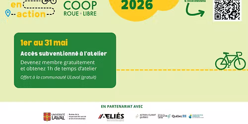 Acc\u00e8s subventionn\u00e9 \u00e0 l\u2019atelier du 1er au 31 mai - MAI-toi en action avec la Coop Roue-Libre