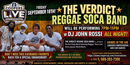 The Verdict Reggae Soca Band performs at Cooper's Riverview 7pm w DJ John Rossi!