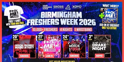 Birmingham Freshers Week Wristband 2026 - Official Your Freshers Guide - Includes Snobs, LAB11, XOYO & More! | Birmingham Freshers 2026