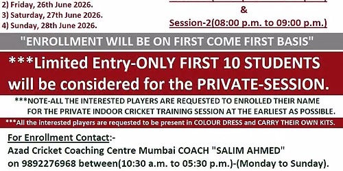 ACCC MUMBAI 24-SESSION PRIVATE CRICKET TRAINING BY SAI NS NIS LEVEL-I CRICKET COACH SALIM AHMED.