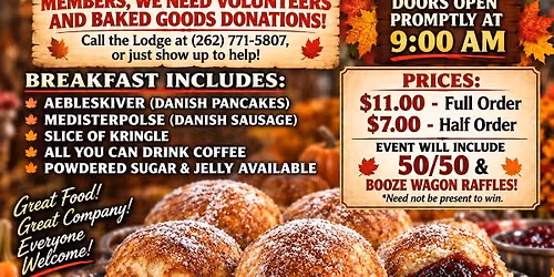Fall Danish \u00c6bleskiver (Pancake) And Medisterpolse (Sausage) Breakfast! Includes Kringle and Coffee!