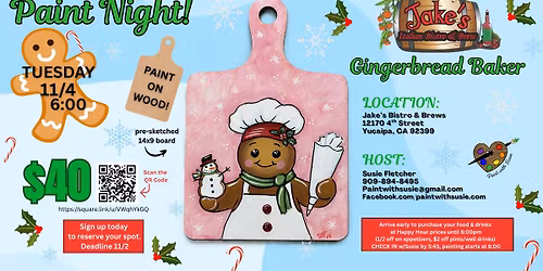 Paint Night at Jake's Bistro & Brews, 11\/4\/25, Gingerbread Baker Wood Hanger