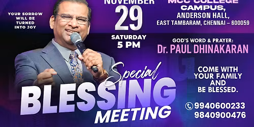 Special Blessing Meeting, Nov. 29 @ MCC College Tambaram, Chennai.